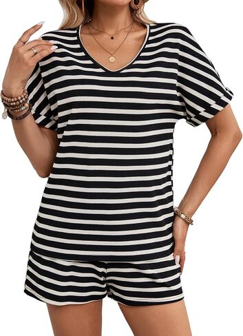 BARASA Women 2 Piece Outfits Sets Summer Casual Waffle Knit Set V Neck Top Elastic Waist Shorts with Pockets D668 in Saudi Arabia