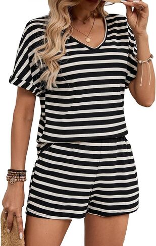 BARASA Women 2 Piece Outfits Sets Summer Casual Waffle Knit Set V Neck Top Elastic Waist Shorts with Pockets D668 in Saudi Arabia