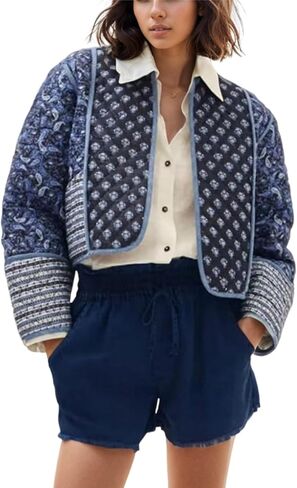 Aimiray Women Women Floral Puffer Jacket Cardigan مطبوعة خفيفة الوزن مفتوحة الأمامية مبطنة مبطن (NavyBlue-M) in Kuwait