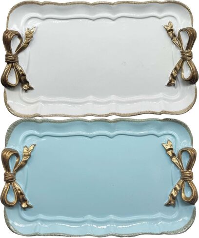 Cayway 2 PCS Vintage Decorative Tray, Vintage Resin Tray, Bow-Knot Resin Dish Plate for Towel Tray, Fruit Trays Rings Bracelets Earrings Holder, White and Blue in Saudi Arabia