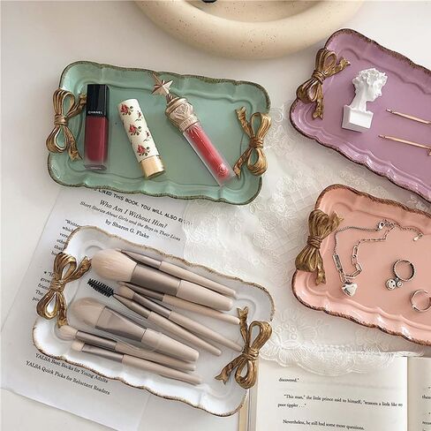 Cayway 2 PCS Vintage Decorative Tray, Vintage Resin Tray, Bow-Knot Resin Dish Plate for Towel Tray, Fruit Trays Rings Bracelets Earrings Holder, White and Blue in Saudi Arabia