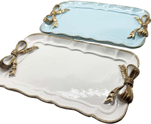 Cayway 2 PCS Vintage Decorative Tray, Vintage Resin Tray, Bow-Knot Resin Dish Plate for Towel Tray, Fruit Trays Rings Bracelets Earrings Holder, White and Blue in Saudi Arabia