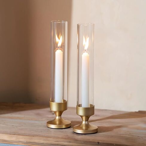 NUPTIO Hurricane Candle Holder for Centerpiece: Set of 2 Metal Taper Candle Holders with Glass Cylinders - Gold Candlestick Holders for Birthday Valentine Dinner Table Decor in Saudi Arabia