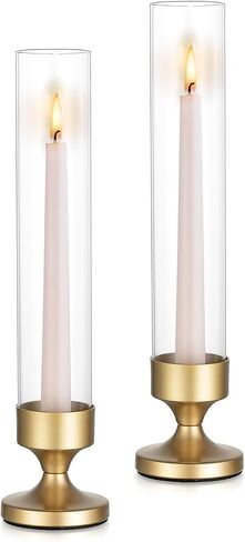 NUPTIO Hurricane Candle Holder for Centerpiece: Set of 2 Metal Taper Candle Holders with Glass Cylinders - Gold Candlestick Holders for Birthday Valentine Dinner Table Decor in Saudi Arabia