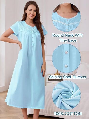 Fmirreo Long's Lightgowns Cotton Night Dontons للنساء البالغات الأكمام القصيرة للأكمام ذات الأكمام الفاتحة ذات الوزن الخفيف الوزن in Kuwait