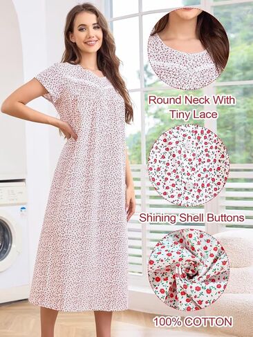 Fmirreo Long's Lightgowns Cotton Night Dontons للنساء البالغات الأكمام القصيرة للأكمام ذات الأكمام الفاتحة ذات الوزن الخفيف الوزن in Kuwait