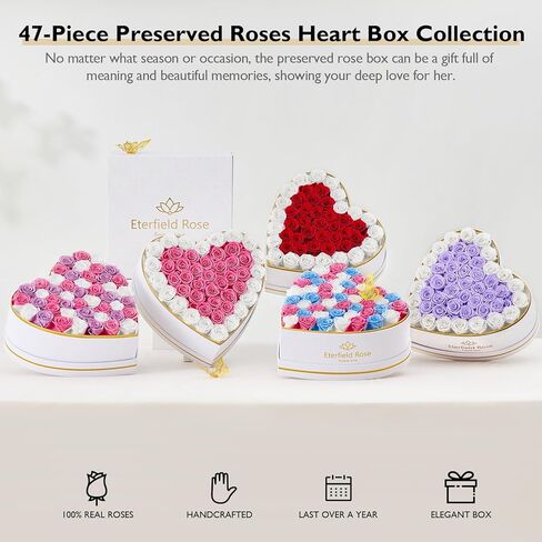 إيترفيلد 47 قطعة محفوظة الورود في صندوق شكل القلب ، عيد الأم إلى الأبد زهور روز مربع المحفوظات لزوجتها أمي أمي ، الأحمر in Kuwait