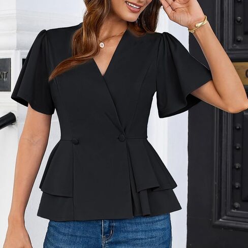 GRACE KARIN 2025 Women's Business Casual Outfits Peplum Tops Dressy Summer Short Sleeve V Neck Wrap Work Blouse Shirts in Saudi Arabia