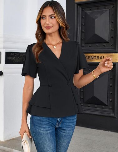 GRACE KARIN 2025 Women's Business Casual Outfits Peplum Tops Dressy Summer Short Sleeve V Neck Wrap Work Blouse Shirts in Saudi Arabia