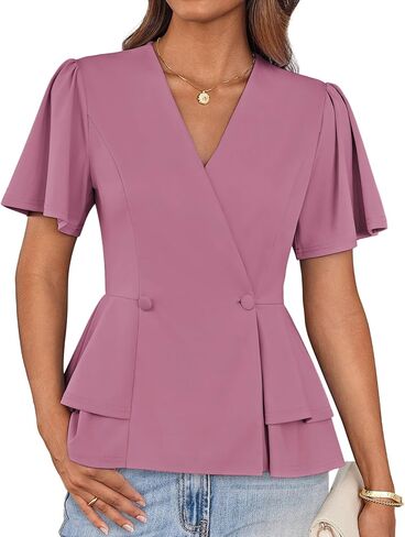 GRACE KARIN 2025 Women's Business Casual Outfits Peplum Tops Dressy Summer Short Sleeve V Neck Wrap Work Blouse Shirts in Saudi Arabia