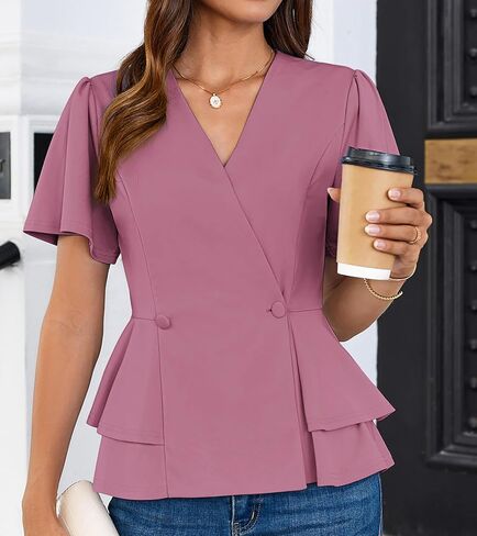 GRACE KARIN 2025 Women's Business Casual Outfits Peplum Tops Dressy Summer Short Sleeve V Neck Wrap Work Blouse Shirts in Saudi Arabia