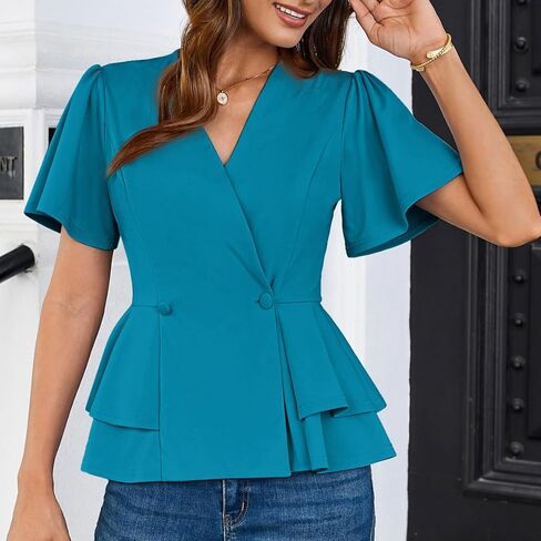 GRACE KARIN 2025 Women's Business Casual Outfits Peplum Tops Dressy Summer Short Sleeve V Neck Wrap Work Blouse Shirts in Saudi Arabia
