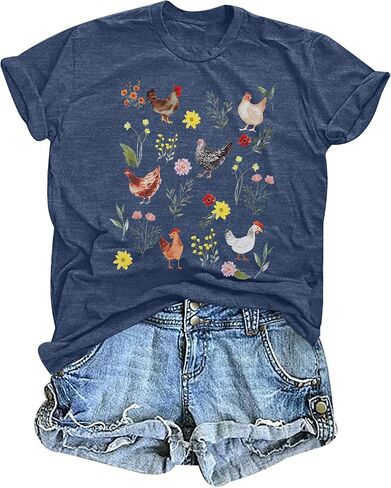 Chicken Shirt Women Wildflower Chicken Shirt Cute Chicken Mom T-Shirt Farm Country Casual Tee Tops in Kuwait