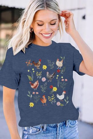 Chicken Shirt Women Wildflower Chicken Shirt Cute Chicken Mom T-Shirt Farm Country Casual Tee Tops in Kuwait