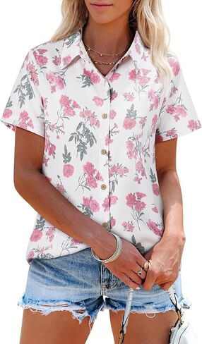 siliteelon Womens Button Down Shirts Short Sleeve Summer Linen V Neck Collared Hawaiian Floral Print Casual Blouse Tops in Saudi Arabia