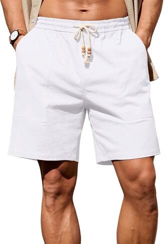 Sailwind Men's Linen Cotton Shorts 7" Elastic Waist Drawstring Casual Summer Beach Shorts in Kuwait