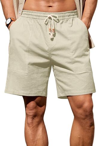 Sailwind Men's Linen Cotton Shorts 7" Elastic Waist Drawstring Casual Summer Beach Shorts in Kuwait