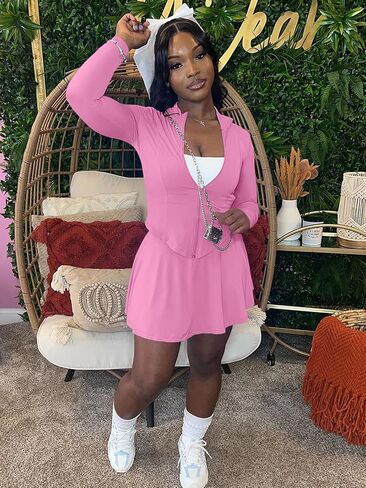 2 Piece Skirt Set for Women 2025 Long Sleeve Zipper Up Jacket and Pleated Mini Dress Short Sets Tracksuit in Saudi Arabia