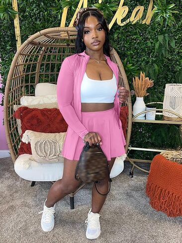 2 Piece Skirt Set for Women 2025 Long Sleeve Zipper Up Jacket and Pleated Mini Dress Short Sets Tracksuit in Saudi Arabia