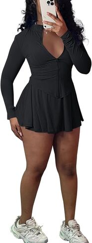 2 Piece Skirt Set for Women 2025 Long Sleeve Zipper Up Jacket and Pleated Mini Dress Short Sets Tracksuit in Saudi Arabia
