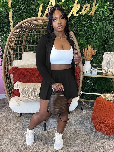 2 Piece Skirt Set for Women 2025 Long Sleeve Zipper Up Jacket and Pleated Mini Dress Short Sets Tracksuit in Saudi Arabia