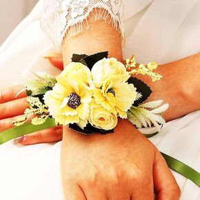 Yean Flower Wedding Wrist Corsage Ivory Prom Corsage Ribbon Bracelets for Bride and Bridesmaios