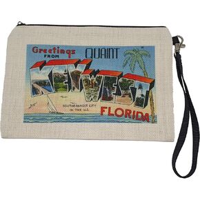 Key West Florida Postcard Style Wristlet Ladies Handbag Small Purse Retro Fashion Accessory for Holiday Vacation Double Sided and Zippered