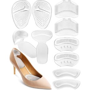 10PCS High Heel Comfort Pad Inserts, Silicone Shoe Cushion Insoles Heel Grips Liner Metatarsal Pads for Women Shoes Too Big, Prevent Rubbing Blisters, Self Adhesive, Clear