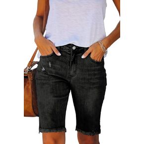 Jean Shorts for Women Stretchy Bermuda Denim Shorts Ripped Hem Trendy