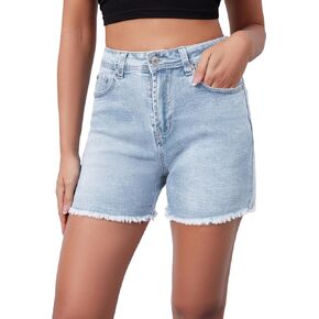 Casual Jean Shorts for Women High Rise Frayed Raw Hem Stretchy Denim Shorts with Pockets