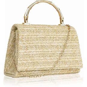 Larcenciel Straw Purses for Women, Summer Woven Top-Handle Evening Handbags w/Bamboo Handle & Chain Strap, Small Boho Beach Clutch Crossbody Party Bags for Wedding Cocktail Prom Vacation,Natural Beige