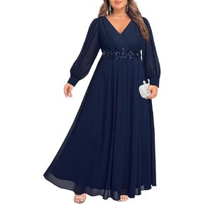 Pinup Fashion Women Plus Size Formal Dresses - Long Sleeve Evening Gown Applique Chiffon Maxi Dress