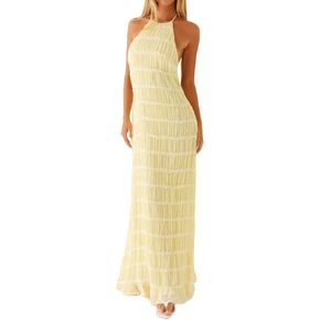 Flowy Boho Beach Dress for Women Halter Backless Smocked Vacation Long Dress Sexy Off Shoulder Resort Maxi Sundress