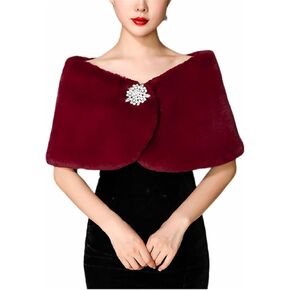 Women's Wedding Faux Fur Wraps and Shawls Winter Shrug with Brooch for Brides Bridesmaids White