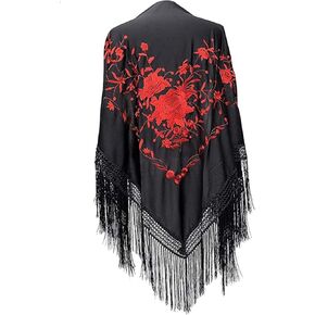 AMINA Black Flamingo Shawl with Fringe Embroidered Red Flowers on One Side Large 190 x 90 cm