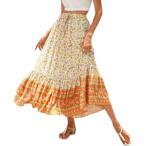 Women's 2025 Spring Summer Boho Floral Elastic Waist Flowy Swing Pleated A Line Long Maxi Beach Skirt