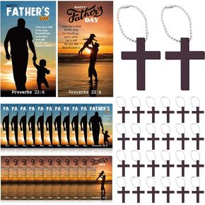 Misdary 24 Sets Happy Father's Day Gifts Wooden Cross Keychains with Bible Verse Pocket Cards Religious Christian Dad Gift Set Daddy Cross Gift Bulk for Church Man Father's Day Party Favor Supplies