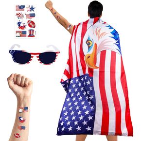 American Flag Costume Cape, 4th of July USA Flag Costume with Sunglasses Temporary Tattoo Stickers, USA Patriotic Eagle Flag Cloak for Adult Women Men Patriotic Party
