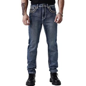 Men's Relaxed Straight Fit Jeans with Comfort Flex Classic Pants for Men Straight Leg Casual Embroidered Jeans