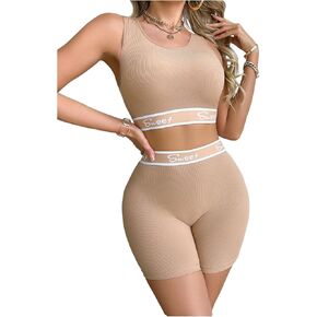 Verdusa Women's 2 Piece Letter Print Workout Set Bralettes Scoop Neck Sports Bra and Biker Shorts