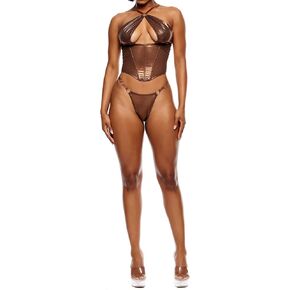 Forplay Women's Liquid Metallic Mesh Bustier Lingerie Set