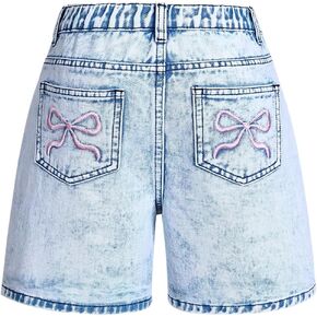 Floerns Girl's Bowknot Embroidery Denim Shorts Elastic Waist Straight Leg Jean Shorts