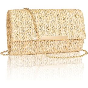 Larcenciel Straw Clutch Purse for Women, Summer Woven Beach Evening Bags w/Chain, Boho Envelope Party Bags, Fashion Crossbody Shoulder Handbags for Wedding Prom Cocktail Night Vacation,8.7x2.2x5.2inch