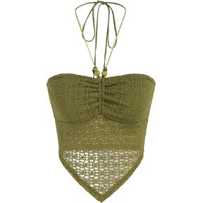 CIDER Halter Tops for Women Crochet Boho Backless Ruched Tie Back Vacation Beach Tank Crop Tops