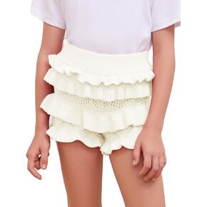 Girls Crochet Knit Ruffle Shorts High Waisted Pleated Tiered Dance Shorts Hollow Out Summer Beach Cover up Bottom Shorts