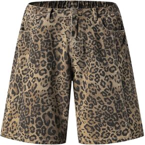 Unisex Leopard Jorts Women Baggy Cheetah Shorts Vintage Straight Leg Jeans Casual Y2K Streetwear in Kuwait