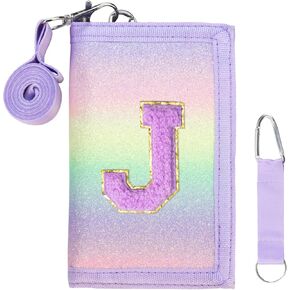 Kids Wallet Girls Trifold Initial Glitter Wallets with Zipper and Card Slots Including Neck Lanyard and Hanging Strap, Rainbow, E