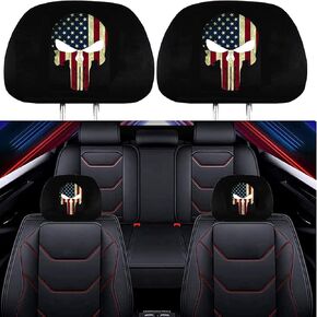 2 Pack Headrest Covers for American Skull Flag, Seat Cover Accessories oft Black Fabric Car Headrest Protector Universal Fit to All Car/Truck Models (American Skull Flag A)