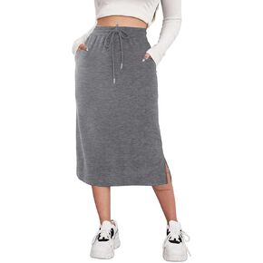 SOFIA'S CHOICE Women's Midi Skirt Drawstring High Waist Slit Skirts with Pockets
