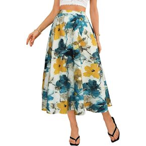 POPZONE Women's Maxi Skirts Elastic High Waist Long Skirts Below The Knee Flowy Floral Summer Skirts for Women